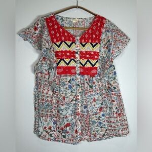 Anthropologie Let Me Be Boho Hippie Festival Linen Button Up Festive Blouse.